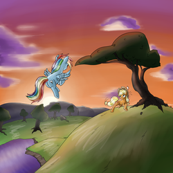 Size: 3000x3000 | Tagged: safe, artist:stein225, applejack, rainbow dash, g4, duo, female, flying, high res, tree