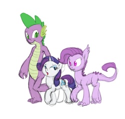 Size: 901x860 | Tagged: safe, artist:carnifex, rarity, spike, oc, oc:lavender, dracony, dragon, hybrid, pony, unicorn, g4, family, female, horn, interspecies, interspecies offspring, male, mare, offspring, parent:rarity, parent:spike, parents:sparity, ship:sparity, shipping, simple background, straight, white background