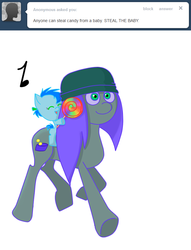 Size: 638x837 | Tagged: safe, artist:askpickpocket, oc, oc only, oc:pick pocket, unnamed oc, earth pony, pony, ask, baby, baby pony, beanie, blue body, blue coat, blue fur, blue hair, blue mane, blue pony, blue tail, candy, cute, duo, earth pony oc, eyes closed, female, female oc, filly, foal, food, gray body, gray coat, gray fur, green eyes, grey body, grey fur, grey pony, hat, indigo hair, indigo mane, lollipop, mare, mare oc, no eyelashes, no tail, ocbetes, ponies riding ponies, pony oc, purple sclera, riding, riding a pony, tail, tumblr, walking