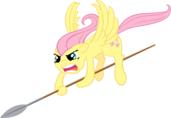 Size: 1280x888 | Tagged: safe, artist:moongazeponies, fluttershy, g4, angry, flying, glare, open mouth, simple background, spear, spread wings, transparent background, vector