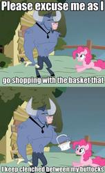 Size: 582x960 | Tagged: safe, edit, edited screencap, screencap, iron will, pinkie pie, earth pony, minotaur, pony, g4, putting your hoof down, basket, female, image macro, male, mare, screencap comic, yu-gi-oh! abridged