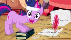 Size: 1280x720 | Tagged: safe, edit, edited screencap, screencap, twilight sparkle, pony, unicorn, g4, it's about time, season 2, bandage, book, faic, female, headband, i found pills, i found pills and ate them, letter, looking at you, magic, mare, messy mane, open mouth, pills, quill, solo, telekinesis, unicorn twilight