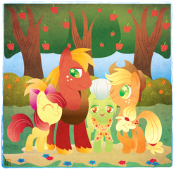 Size: 938x900 | Tagged: safe, artist:disfiguredstick, apple bloom, applejack, big macintosh, granny smith, earth pony, pony, g4, apple, apple bloom's bow, apple family, apple siblings, apple sisters, apple tree, applejack's hat, big macintosh's yoke, bow, braid, brother and sister, bush, clothes, cowboy hat, eyes closed, female, granny smith's shawl, hair bow, hat, horse collar, male, mare, one eye closed, scarf, siblings, signature, sisters, smiling, stallion, starry eyes, tree, wingding eyes