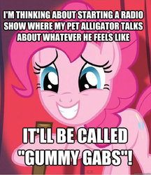 Size: 625x725 | Tagged: safe, edit, edited screencap, screencap, pinkie pie, earth pony, pony, baby cakes, g4, cropped, female, implied gummy, pun, solo