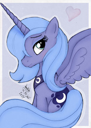 Size: 860x1200 | Tagged: safe, artist:joakaha, princess luna, pony, g4, female, gradient background, heart, s1 luna, signature, solo