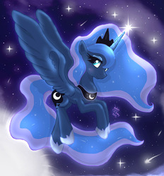 Size: 1020x1100 | Tagged: safe, artist:joakaha, princess luna, alicorn, pony, g4, female, looking at you, mare, solo, space, stars