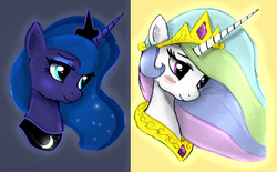 Size: 1450x900 | Tagged: safe, artist:joakaha, princess celestia, princess luna, alicorn, pony, g4, blushing, duo, duo female, female, horn, jewelry, regalia, royal sisters, siblings, sisters, smiling