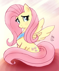 Size: 1000x1200 | Tagged: safe, artist:joakaha, fluttershy, pegasus, pony, g4, blushing, female, looking at you, mare, sitting, solo, spread wings, three quarter view, wings