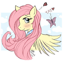 Size: 820x800 | Tagged: safe, artist:joakaha, fluttershy, butterfly, pegasus, pony, g4, blushing, bust, female, heart, looking sideways, mare, portrait, profile, simple background, smiling, solo, white background, wings, yay