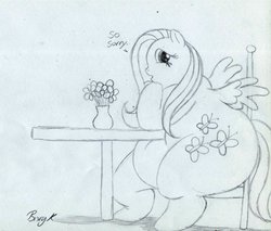 Size: 1280x1088 | Tagged: safe, artist:bunearyk, fluttershy, g4, fat, fattershy, monochrome, obese, traditional art