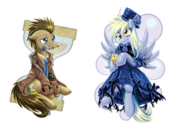 Size: 1370x1040 | Tagged: safe, artist:saturnspace, derpy hooves, doctor whooves, time turner, earth pony, pegasus, pony, g4, clothes, doctor who, dress, female, gala dress, male, mare, mouth hold, muffin, sonic screwdriver, stallion, that pony sure does love muffins, the doctor