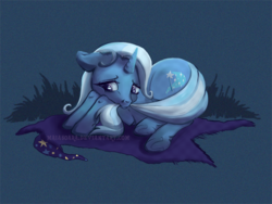 Size: 660x495 | Tagged: safe, artist:maiasoara, trixie, pony, unicorn, g4, biting, cape, clothes, curled up, female, floppy ears, looking away, mare, sad, solo, tail bite, the sad and depressive trixie, trixie's cape