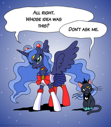 Size: 827x945 | Tagged: safe, artist:schizopie, princess luna, alicorn, cat, pony, g4, costume swap, crossover, luna (sailor moon), luna is not amused, namesake, pun, sailor luna, sailor moon, sailor moon (series), schizopie, unamused, visual pun