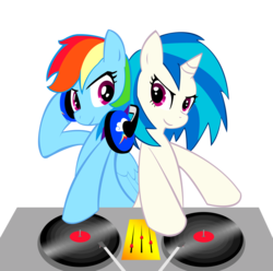 Size: 3000x2970 | Tagged: safe, artist:raynebowcrash, dj pon-3, rainbow dash, vinyl scratch, pegasus, pony, unicorn, g4, bipedal, duo, duo female, female, headphones, high res, simple background, transparent background, turntable