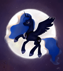 Size: 799x900 | Tagged: safe, artist:twilitwolf, princess luna, alicorn, pony, g4, female, flying, mare, moon, night, profile, sky, solo