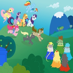 Size: 2000x2000 | Tagged: safe, artist:lioness-of-cydonia, applejack, doctor whooves, fluttershy, pinkie pie, rainbow dash, rarity, time turner, twilight sparkle, earth pony, pegasus, pony, unicorn, g4, amy pond, dalek, doctor who, high res, male, mane six, ponified, rory williams, sailor moon (series), stallion, tardis, the master, unicorn twilight, wat, what has science done