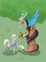 Size: 1200x1600 | Tagged: safe, artist:tomat-in-cup, derpy hooves, discord, fluttershy, draconequus, pegasus, pony, g4, bible, blushing, coils, dendrification, drool, eyes on the prize, female, fluttertree, inanimate tf, looking up, male, mare, muffin, plant tf, raised hoof, species swap, that pony sure does love muffins, tree