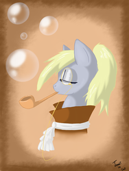Size: 1200x1600 | Tagged: safe, artist:tomat-in-cup, derpy hooves, pegasus, pony, g4, bubble, bubble pipe, bust, female, mare, monocle, pipe, solo