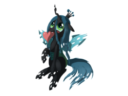 Size: 1600x1200 | Tagged: safe, artist:tomat-in-cup, queen chrysalis, changeling, changeling queen, g4, blushing, cute, cutealis, fangs, female, heart, looking up, mouth hold, raised hoof, simple background, sitting, solo, transparent background