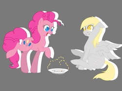 Size: 1600x1200 | Tagged: safe, artist:tomat-in-cup, derpy hooves, pinkie pie, earth pony, pegasus, pony, g4, duo, eating, female, gray background, mare, open mouth, plate, puffy cheeks, raised hoof, simple background, sitting, smiling