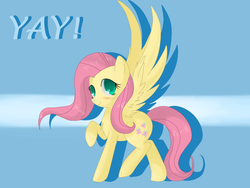 Size: 1600x1200 | Tagged: safe, artist:tomat-in-cup, fluttershy, pegasus, pony, g4, blushing, female, looking at you, looking sideways, mare, raised hoof, smiling, solo, spread wings, standing, wings, yay