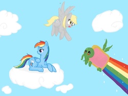 Size: 1600x1200 | Tagged: safe, artist:tomat-in-cup, derpy hooves, rainbow dash, pegasus, pony, g4, cloud, cthulhu, female, flying, food, looking back, mare, on a cloud, poptart, prone, rainbow, unamused
