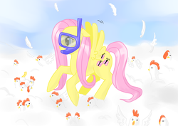 Size: 4092x2893 | Tagged: safe, artist:tomat-in-cup, fluttershy, chicken, pegasus, pony, g4, cloud, female, mare, on a cloud, snorkel, wat