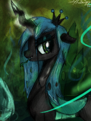 Size: 1023x1359 | Tagged: safe, artist:il-phantom, queen chrysalis, changeling, changeling queen, g4, crown, fangs, female, frown, glowing horn, horn, jewelry, regalia, signature, solo, standing, tongue out