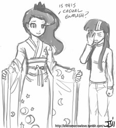 Size: 906x1000 | Tagged: safe, artist:johnjoseco, princess luna, twilight sparkle, human, g4, facepalm, grayscale, humanized, kimono (clothing), monochrome