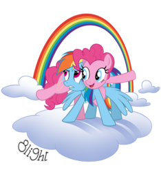 Size: 918x982 | Tagged: safe, artist:8li9ht, pinkie pie, rainbow dash, earth pony, pegasus, pony, g4, cloud, duo, female, mare, rainbow, simple background, transparent background