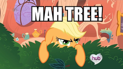 Size: 960x540 | Tagged: safe, applejack, earth pony, pony, g4, female, image macro, solo, tree