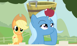 Size: 1963x1186 | Tagged: safe, artist:dazed-and-wandering, applejack, trixie, earth pony, pony, unicorn, g4, apple, duo, horn, horn impalement, sweet apple acres
