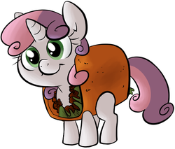 Size: 558x476 | Tagged: safe, artist:php27, sweetie belle, pony, unicorn, g4, :t, clothes, costume, cute, diasweetes, female, filly, food, food costume, looking at you, ponies in food, pun, simple background, smiling, solo, taco, taco belle, taco costume, white background