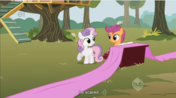 Size: 855x475 | Tagged: safe, screencap, scootaloo, sweetie belle, pegasus, pony, unicorn, g4, the show stoppers, duo, duo female, ei, female, filly, foal, hub logo, logo, musical instrument, piano, the hub, youtube caption