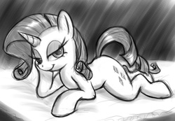 Size: 780x541 | Tagged: source needed, safe, artist:14-bis, rarity, pony, unicorn, g4, bedroom eyes, draw me like one of your french girls, female, looking at you, monochrome, prone, sketch, smiling, solo