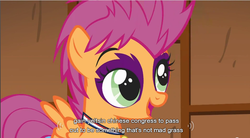 Size: 855x473 | Tagged: safe, screencap, scootaloo, pony, g4, the show stoppers, animation error, boris yeltsin, caption, face paint, female, meta, solo, wat, wrong eye color, youtube caption