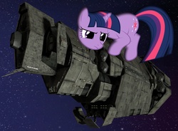 Size: 1300x956 | Tagged: safe, twilight sparkle, pony, unicorn, g4, halcyon-class light cruiser, halo (series), pillar of autumn, pony & spaceship, space, unicorn twilight