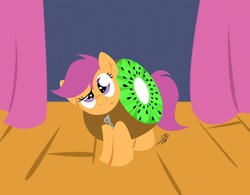 Size: 877x684 | Tagged: safe, artist:rannva, scootaloo, kiwi, g4, clothes, costume, food, food costume, giant produce, kiwi costume, kiwi fruit, kiwi fruit costume, school play, scootaloo can't fly, stage, stealth pun