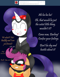 Size: 1235x1575 | Tagged: safe, artist:blackbewhite2k7, rarity, scootaloo, pegasus, pony, unicorn, ask the gothamville sirens, g4, ask, batman, blush sticker, blushing, catmare, catwoman, crossover, female, filly, foal, implied lesbian, implied scootadash, implied shipping, mare, parody, robin, robinloo, shipper on deck, shipperity, wingboner