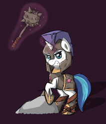 Size: 932x1093 | Tagged: dead source, safe, artist:spaerk, shining armor, pony, unicorn, g4, armor, colt, glare, gritted teeth, looking at you, mace, magic, male, solo, telekinesis, warrior, weapon, younger