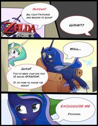 Size: 1024x1324 | Tagged: safe, artist:sosweetntasty, princess celestia, princess luna, alicorn, pony, gamer luna, g4, all your base are belong to us, chair, comic, controller, headphones, looking at each other, monitor, parody, the legend of zelda, well excuse me princess