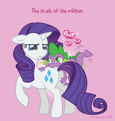 Size: 573x607 | Tagged: dead source, safe, artist:katiesketch, rarity, spike, dragon, pony, unicorn, g4, biting, butt, butt bite, duo, eye contact, female, floppy ears, gem, hand on butt, looking at each other, male, mare, pink background, plot, raised hoof, ship:sparity, shipping, simple background, straight, this will end in pain, unamused