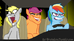 Size: 507x280 | Tagged: safe, artist:brutamod, derpy hooves, rainbow dash, scootaloo, pegasus, pony, g4, animated, ask, brutaloo, female, mare, night at the roxbury, tumblr, what is love