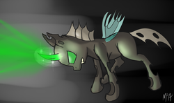 Size: 2000x1192 | Tagged: dead source, safe, artist:mostlyponyart, changeling, ambiguous gender, angry, blast, fangs, frown, green eyes, gritted teeth, magic, magic blast, solo, teeth