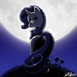Size: 900x900 | Tagged: safe, artist:johnjoseco, rarity, pony, g4, butt, clothes, dress, female, looking at you, looking back, moon, night, plot, solo