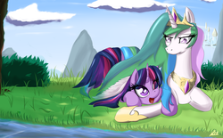 Size: 2000x1237 | Tagged: safe, artist:reikomuffin, princess celestia, twilight sparkle, g4, :d, canterlot, canterlot castle, closed mouth, day, duo, eyes open, field, grass, hug, looking at each other, looking at someone, lying down, open mouth, open smile, prone, side by side, smiling, teacher and student, winghug, wings