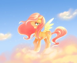 Size: 874x720 | Tagged: safe, artist:yanea, fluttershy, pegasus, pony, g4, cloud, cloudy, cute, female, looking at you, on a cloud, shyabetes, sky, solo, sparkles, spread wings, wings