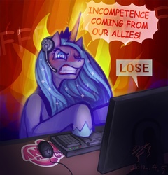 Size: 800x833 | Tagged: safe, artist:pmo0908, princess luna, alicorn, pony, gamer luna, g4, angry, female, headphones, keyboard, mare, solo, speech bubble