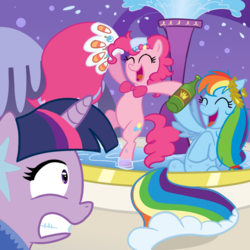 Size: 1000x1000 | Tagged: safe, artist:madmax, artist:pacce, pinkie pie, rainbow dash, twilight sparkle, earth pony, pegasus, pony, unicorn, g4, the best night ever, alcohol, clothes, colored, dress, drunk, drunker dash, female, fountain, gala dress, go home you're drunk, grand galloping gala, unicorn twilight
