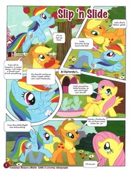 Size: 759x1000 | Tagged: safe, applejack, fluttershy, rainbow dash, bird, g4, official, comic, official content, slip 'n' slide, translation